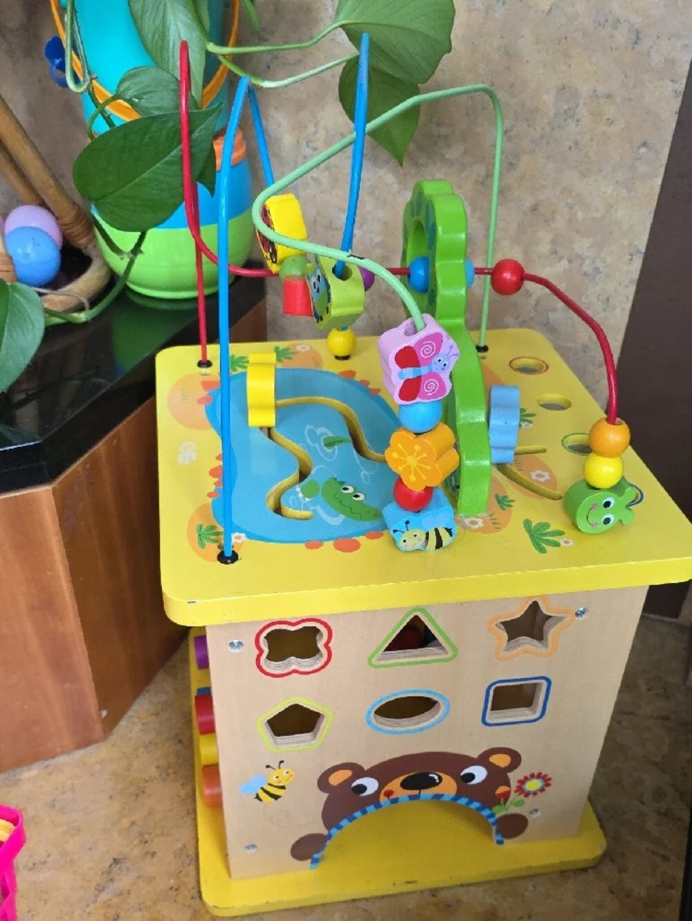 Multicolor Wooden Learning Activity Cube with Bead Maze - Yellow Top